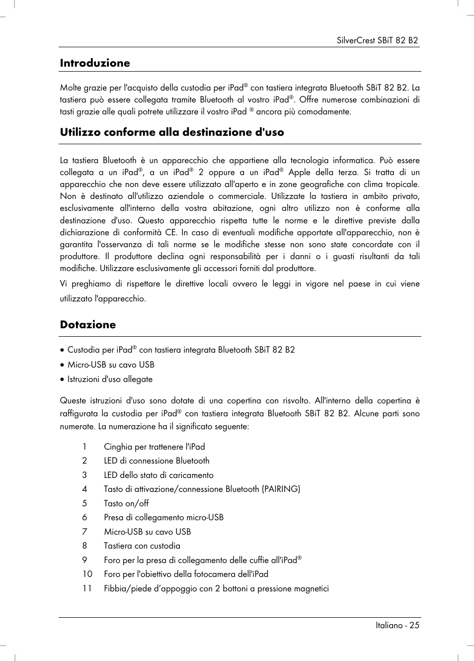 Introduzione, Utilizzo conforme alla destinazione d'uso, Dotazione | Silvercrest SBiT 82 B2 User Manual | Page 27 / 60
