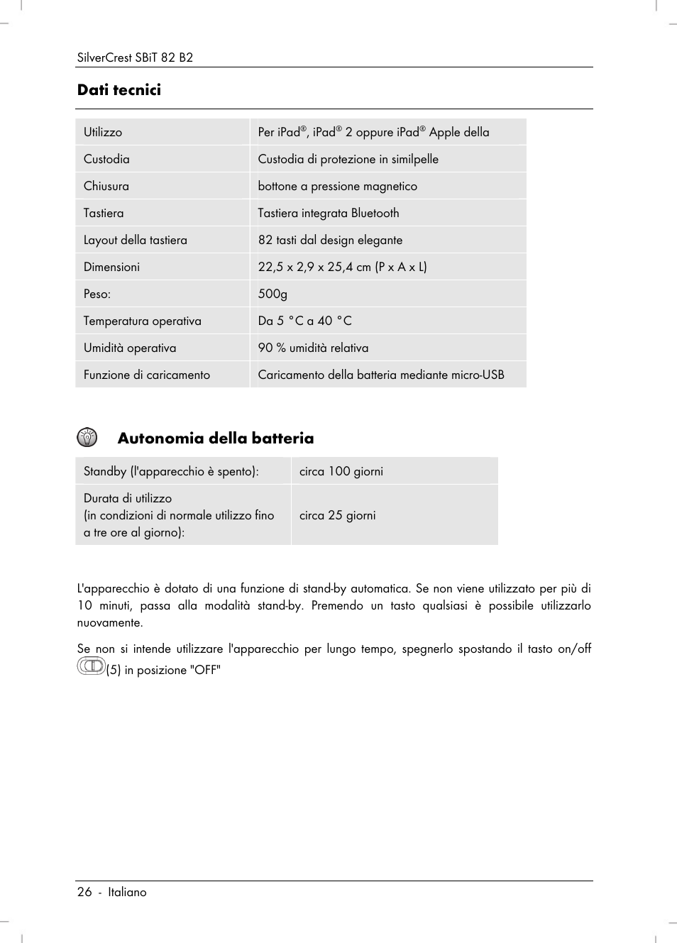 Dati tecnici, Autonomia della batteria | Silvercrest SBiT 82 B2 User Manual | Page 28 / 60
