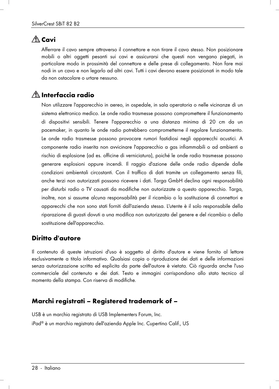 Cavi, Interfaccia radio, Diritto d'autore | Marchi registrati – registered trademark of | Silvercrest SBiT 82 B2 User Manual | Page 30 / 60