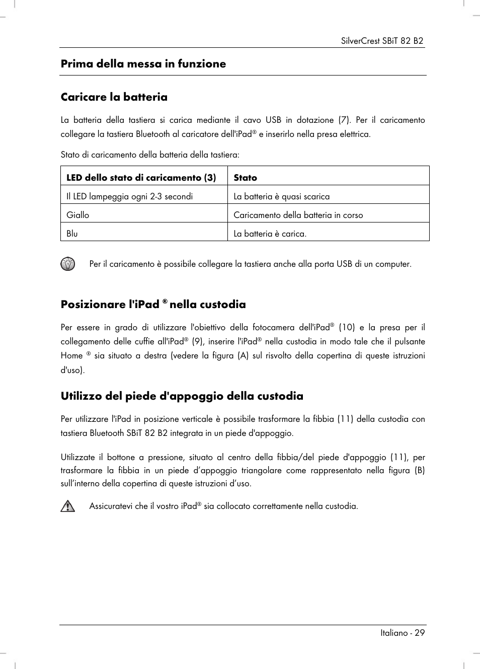 Prima della messa in funzione caricare la batteria, Posizionare l'ipad, Nella custodia | Utilizzo del piede d'appoggio della custodia | Silvercrest SBiT 82 B2 User Manual | Page 31 / 60