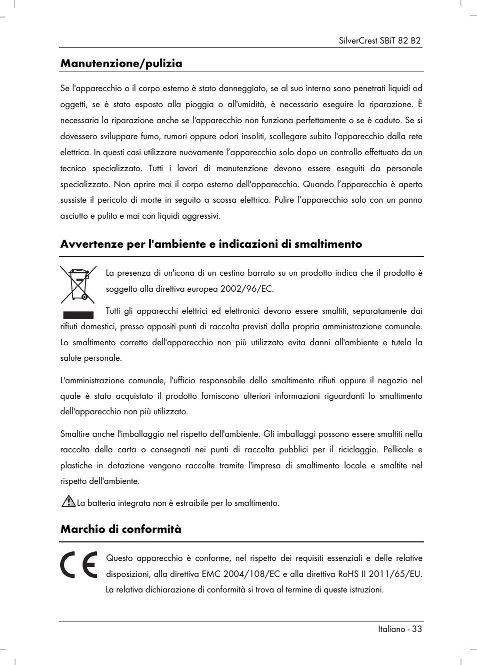 Manutenzione/pulizia, Marchio di conformità | Silvercrest SBiT 82 B2 User Manual | Page 35 / 60