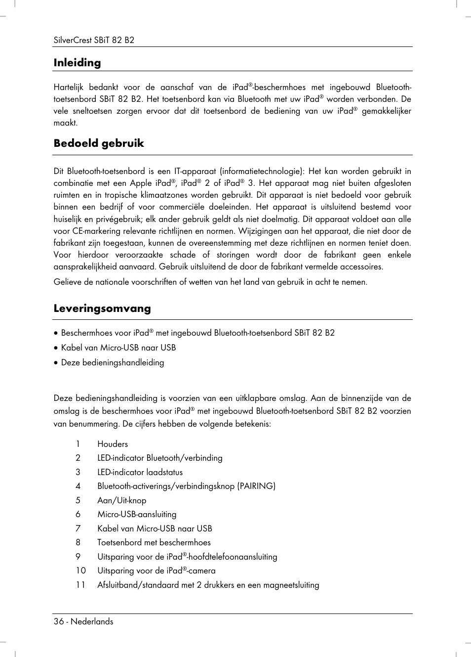 Inleiding, Bedoeld gebruik, Leveringsomvang | Silvercrest SBiT 82 B2 User Manual | Page 38 / 60