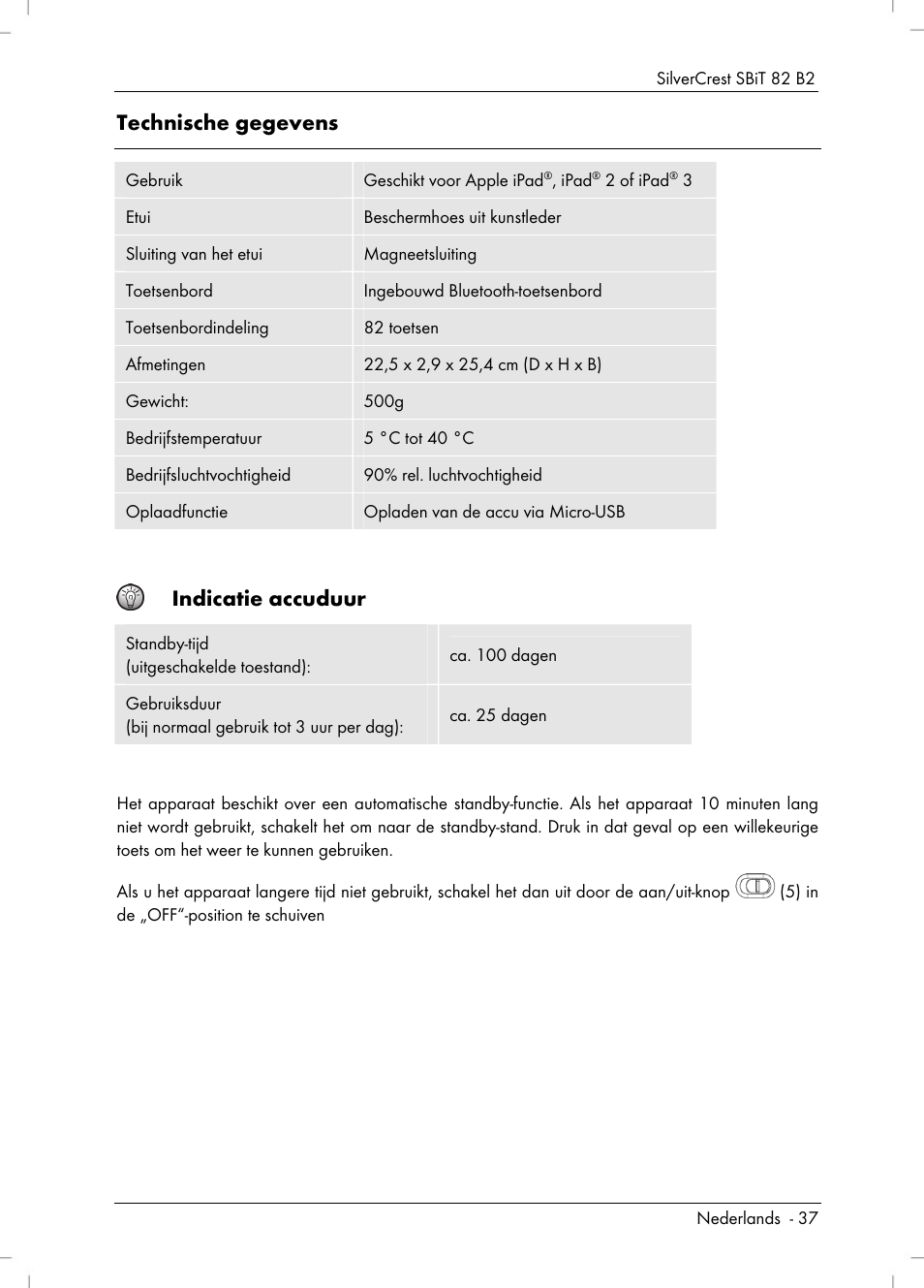 Technische gegevens, Indicatie accuduur | Silvercrest SBiT 82 B2 User Manual | Page 39 / 60