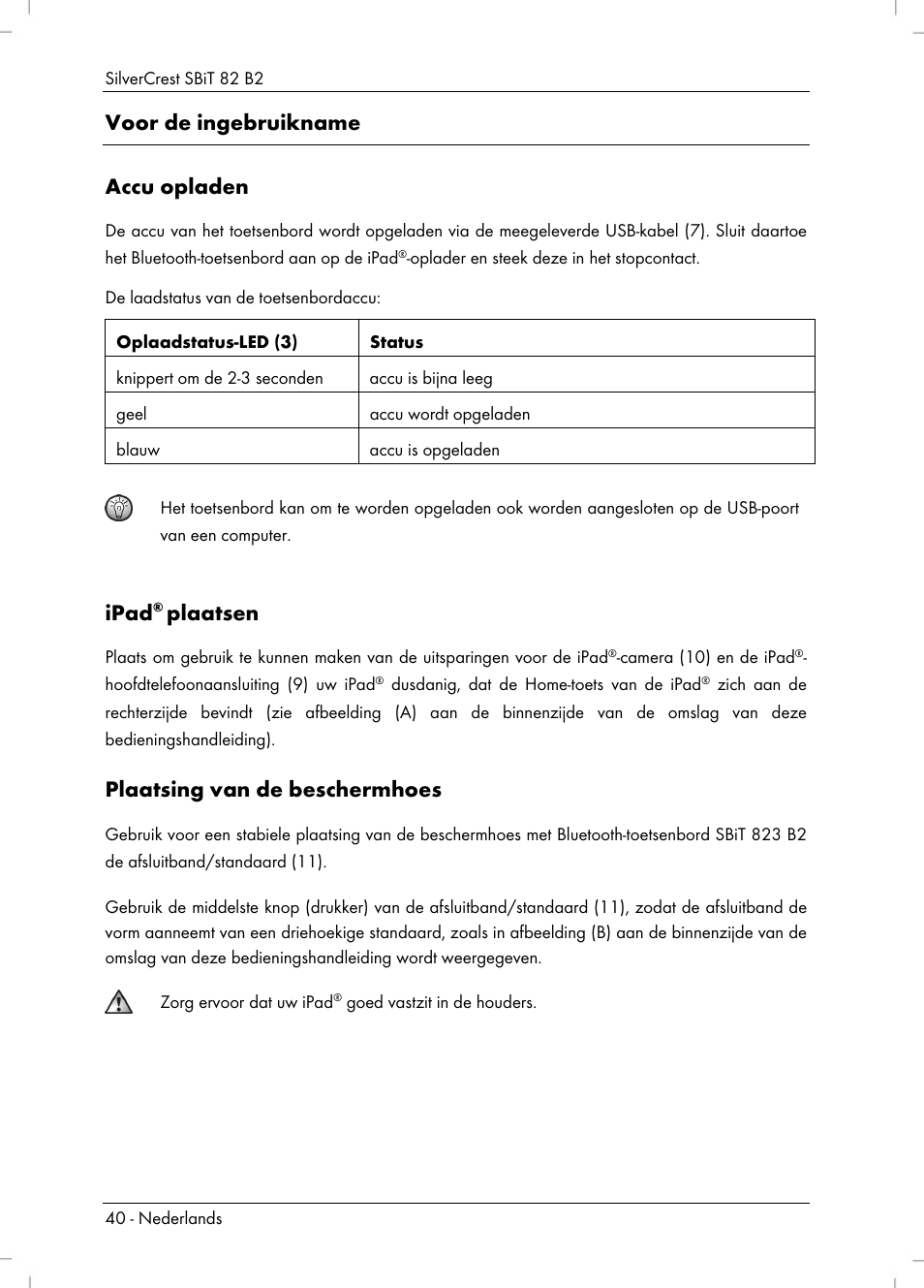 Voor de ingebruikname accu opladen, Ipad, Plaatsen | Plaatsing van de beschermhoes | Silvercrest SBiT 82 B2 User Manual | Page 42 / 60