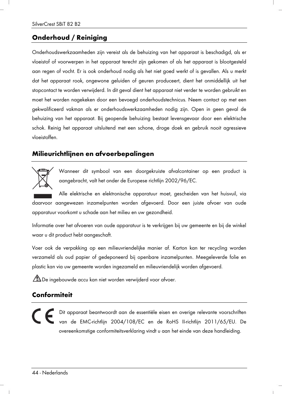 Onderhoud / reiniging, Milieurichtlijnen en afvoerbepalingen, Conformiteit | Silvercrest SBiT 82 B2 User Manual | Page 46 / 60