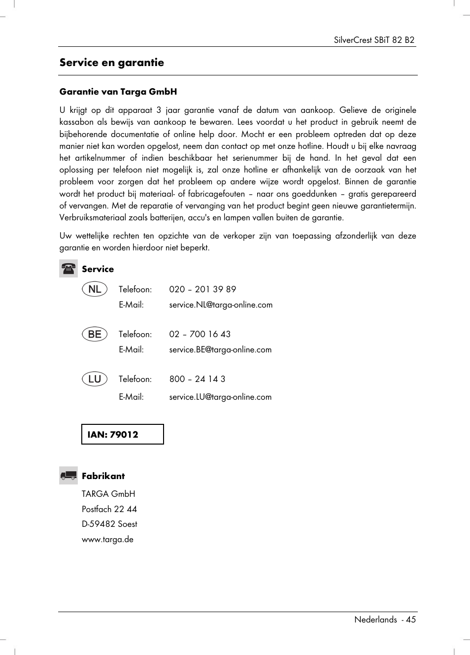 Service en garantie | Silvercrest SBiT 82 B2 User Manual | Page 47 / 60
