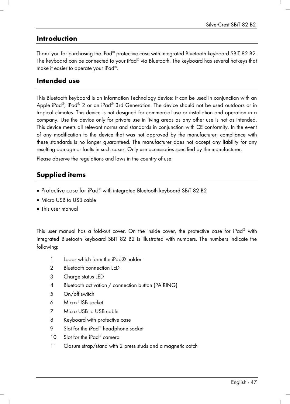 Introduction, Intended use, Supplied items | Silvercrest SBiT 82 B2 User Manual | Page 49 / 60