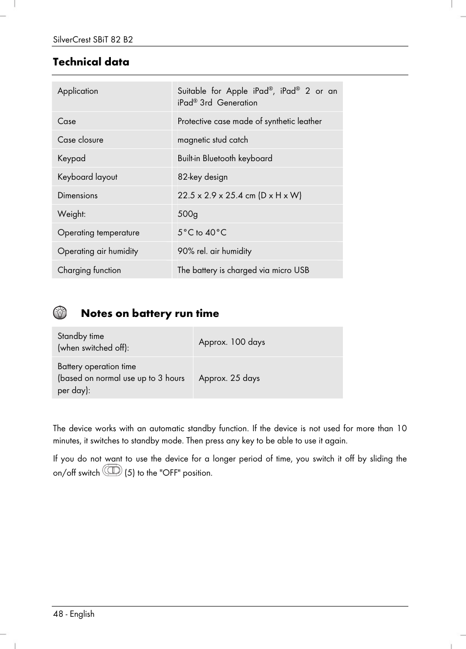 Technical data | Silvercrest SBiT 82 B2 User Manual | Page 50 / 60