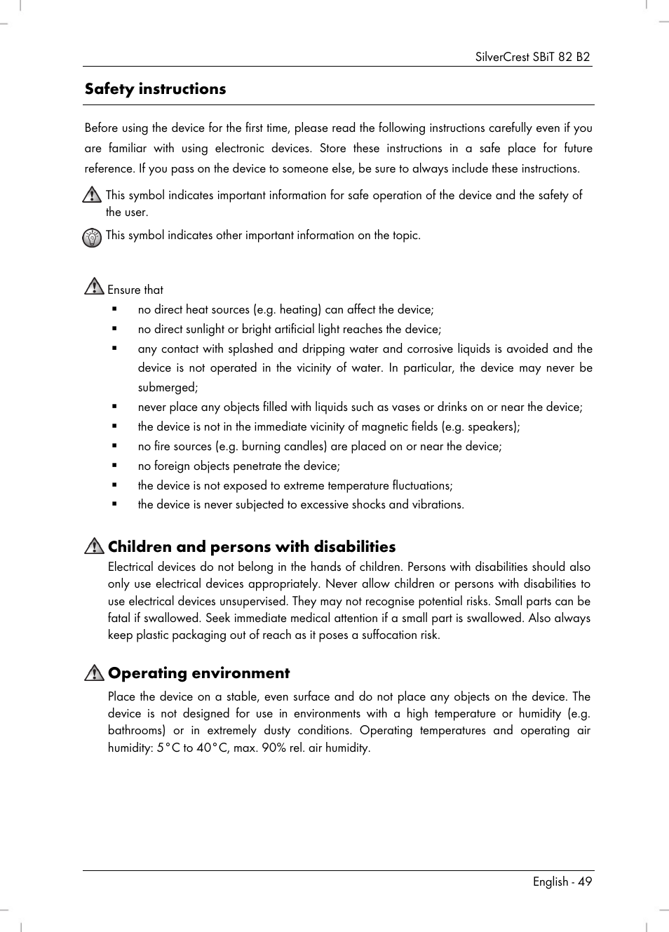 Safety instructions, Children and persons with disabilities, Operating environment | Silvercrest SBiT 82 B2 User Manual | Page 51 / 60