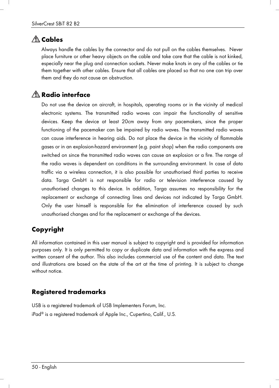 Cables, Radio interface, Copyright | Registered trademarks | Silvercrest SBiT 82 B2 User Manual | Page 52 / 60