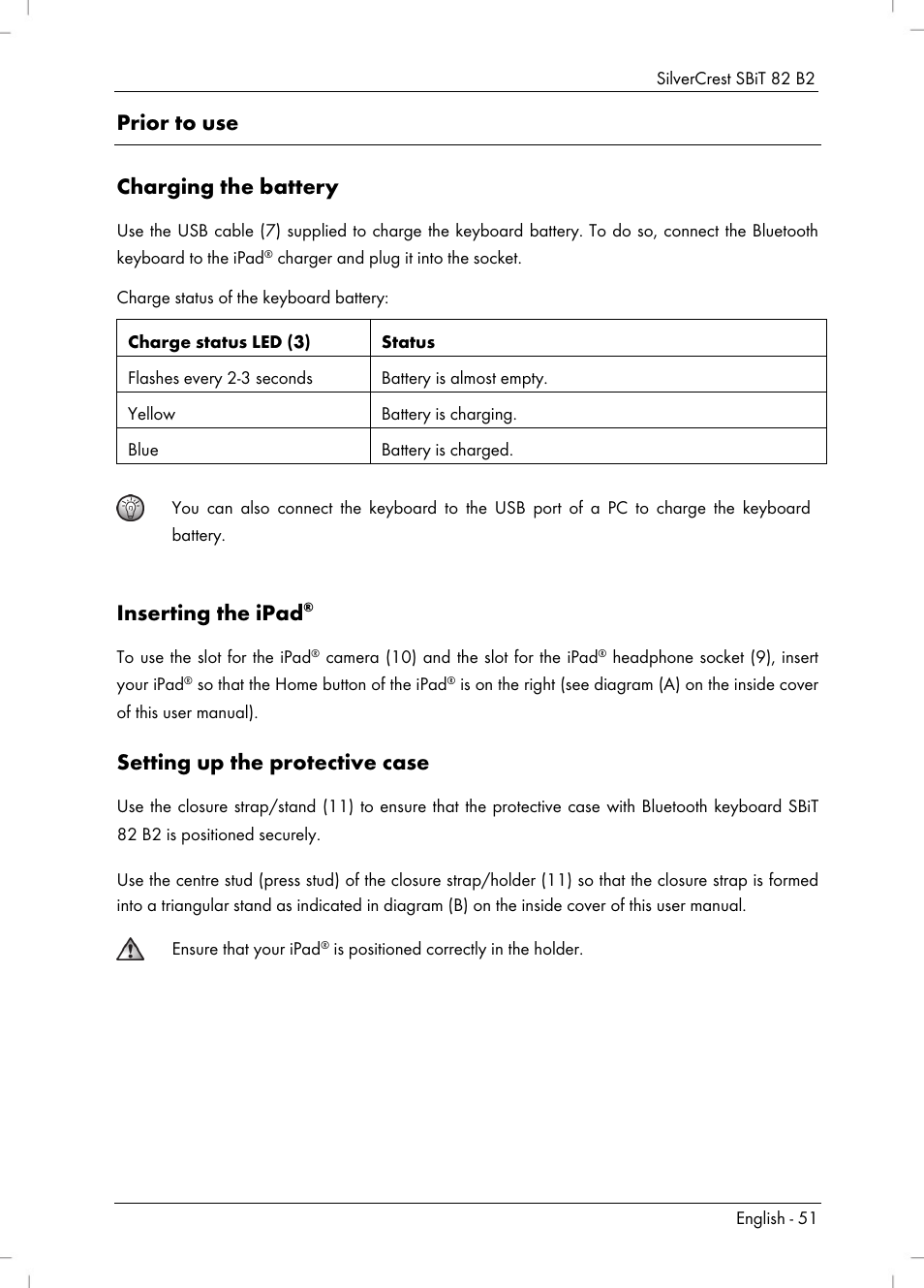 Prior to use charging the battery, Inserting the ipad, Setting up the protective case | Silvercrest SBiT 82 B2 User Manual | Page 53 / 60