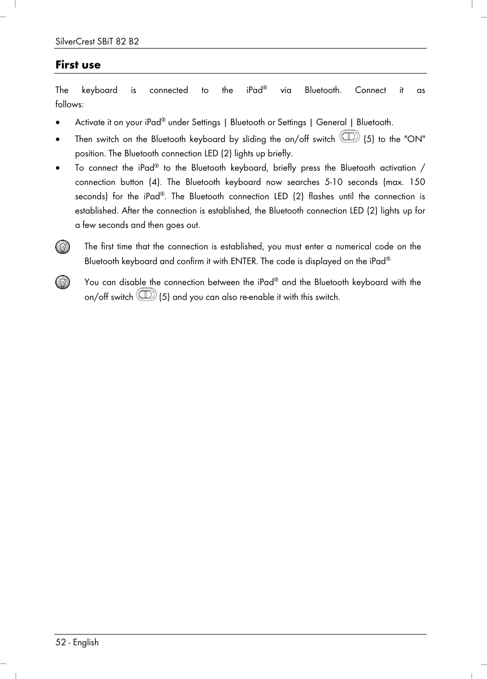 First use | Silvercrest SBiT 82 B2 User Manual | Page 54 / 60