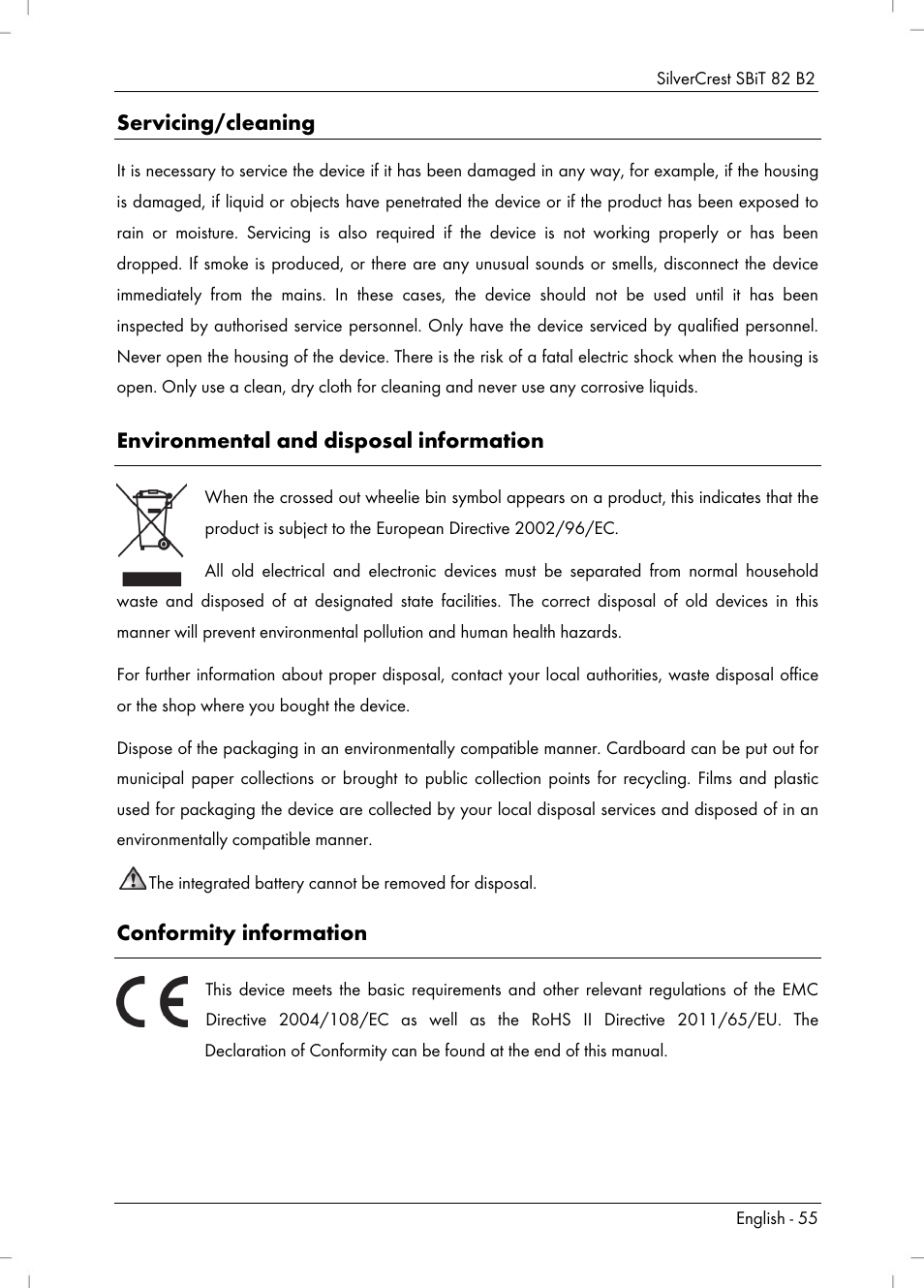 Servicing/cleaning, Environmental and disposal information, Conformity information | Silvercrest SBiT 82 B2 User Manual | Page 57 / 60