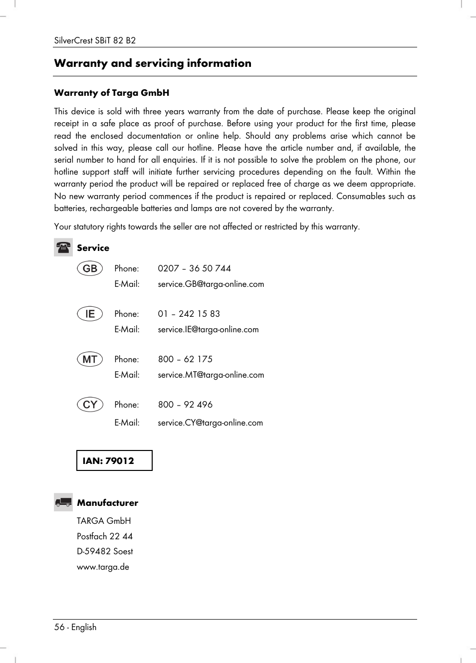 Warranty and servicing information | Silvercrest SBiT 82 B2 User Manual | Page 58 / 60