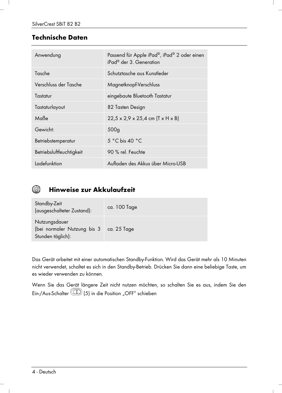 Technische daten, Hinweise zur akkulaufzeit | Silvercrest SBiT 82 B2 User Manual | Page 6 / 60