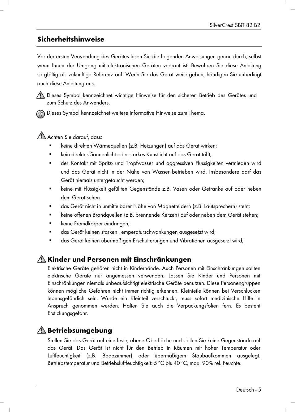 Sicherheitshinweise, Kinder und personen mit einschränkungen, Betriebsumgebung | Silvercrest SBiT 82 B2 User Manual | Page 7 / 60