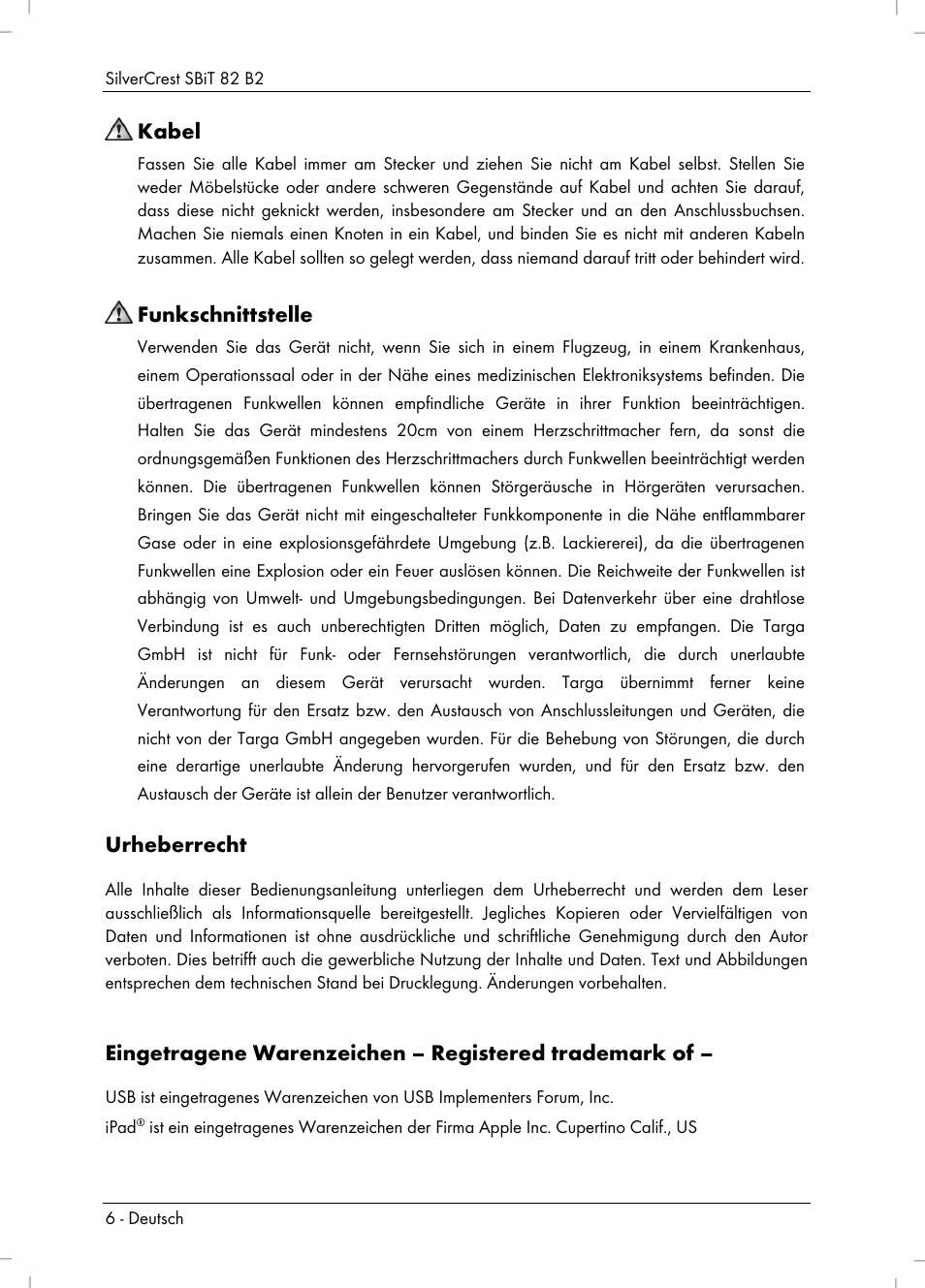 Kabel, Funkschnittstelle, Urheberrecht | Silvercrest SBiT 82 B2 User Manual | Page 8 / 60