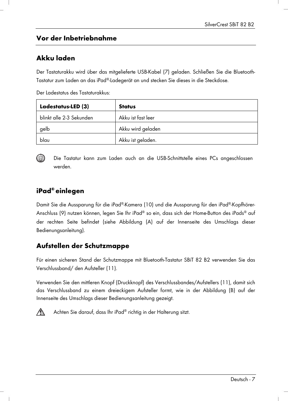 Vor der inbetriebnahme akku laden, Ipad, Einlegen | Aufstellen der schutzmappe | Silvercrest SBiT 82 B2 User Manual | Page 9 / 60