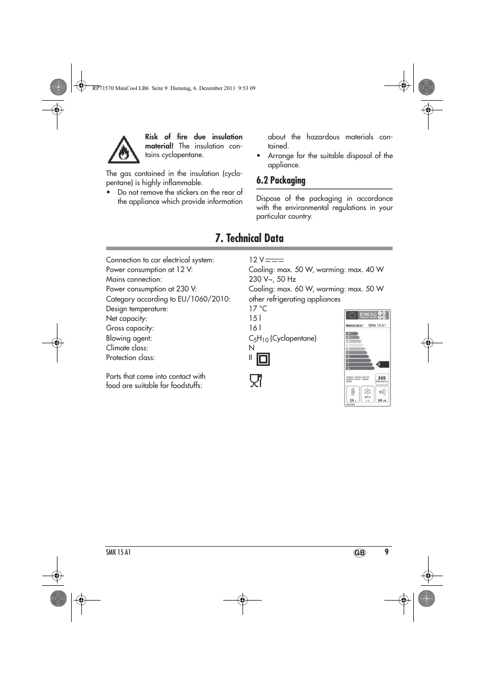 Technical data, 2 packaging | Silvercrest SMK 15 A1 User Manual | Page 11 / 14