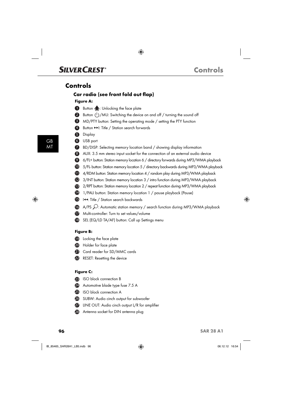 Controls, Gb mt, Car radio (see front fold out ﬂ ap) | Silvercrest SAR 28 A1 User Manual | Page 100 / 155