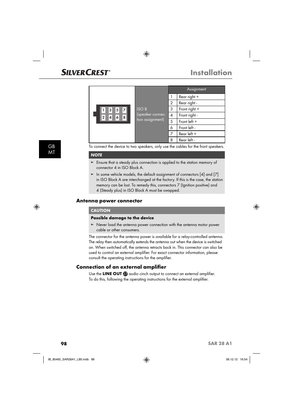Installation, Gb mt, Antenna power connector | Connection of an external ampliﬁ er | Silvercrest SAR 28 A1 User Manual | Page 102 / 155