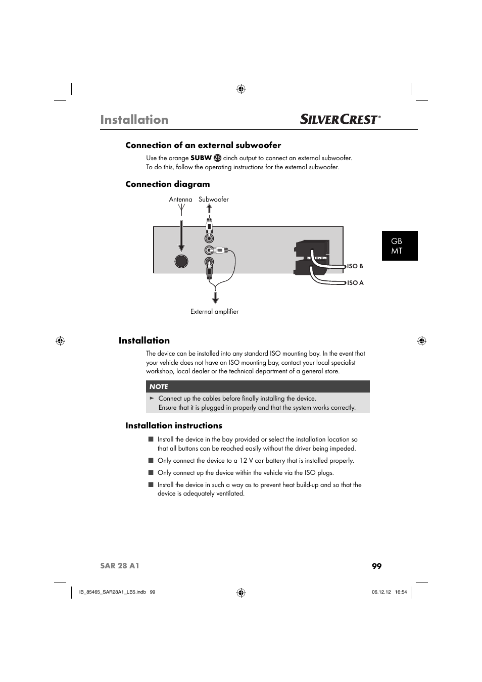 Installation, Gb mt connection of an external subwoofer, Connection diagram | Installation instructions | Silvercrest SAR 28 A1 User Manual | Page 103 / 155