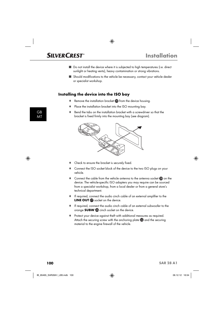 Installation, Gb mt, Installing the device into the iso bay | Silvercrest SAR 28 A1 User Manual | Page 104 / 155