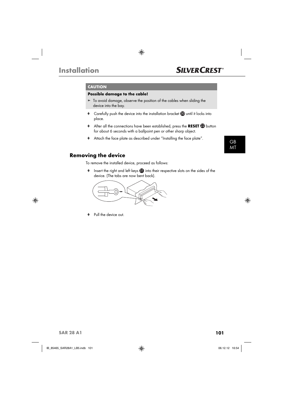 Installation, Removing the device, Gb mt | Silvercrest SAR 28 A1 User Manual | Page 105 / 155