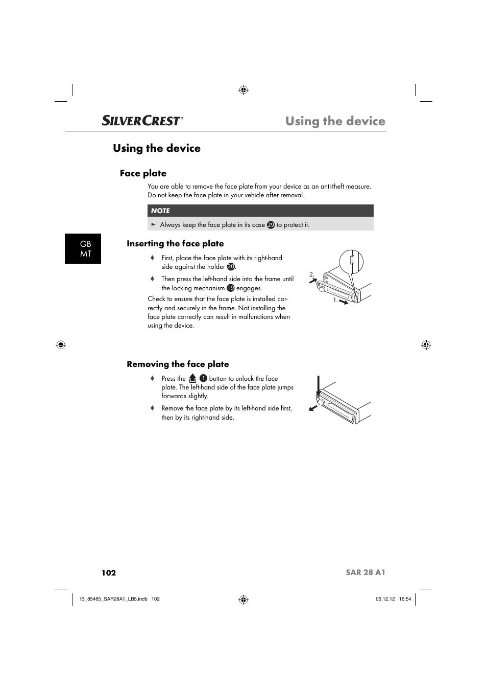Using the device, Face plate, Gb mt | Inserting the face plate, Removing the face plate | Silvercrest SAR 28 A1 User Manual | Page 106 / 155
