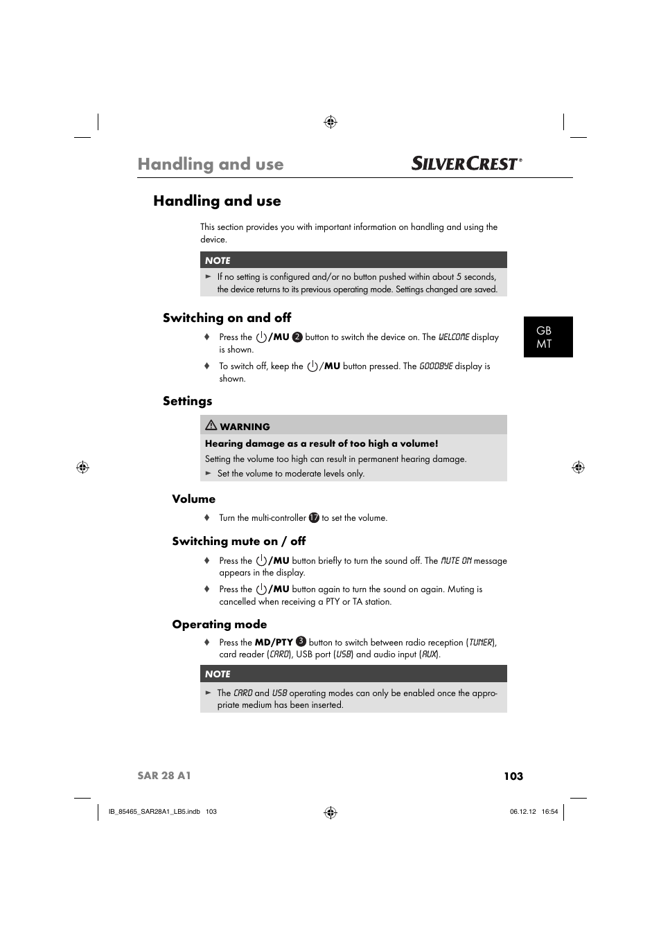 Handling and use, Switching on and oﬀ, Settings | Gb mt, Volume, Switching mute on / oﬀ, Operating mode | Silvercrest SAR 28 A1 User Manual | Page 107 / 155