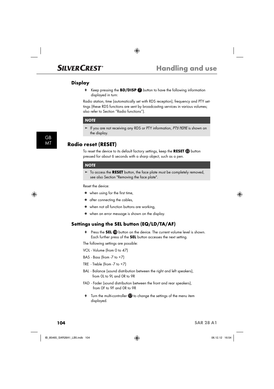 Handling and use, Radio reset (reset), Gb mt display | Settings using the sel button (eq/ld/ta/af) | Silvercrest SAR 28 A1 User Manual | Page 108 / 155