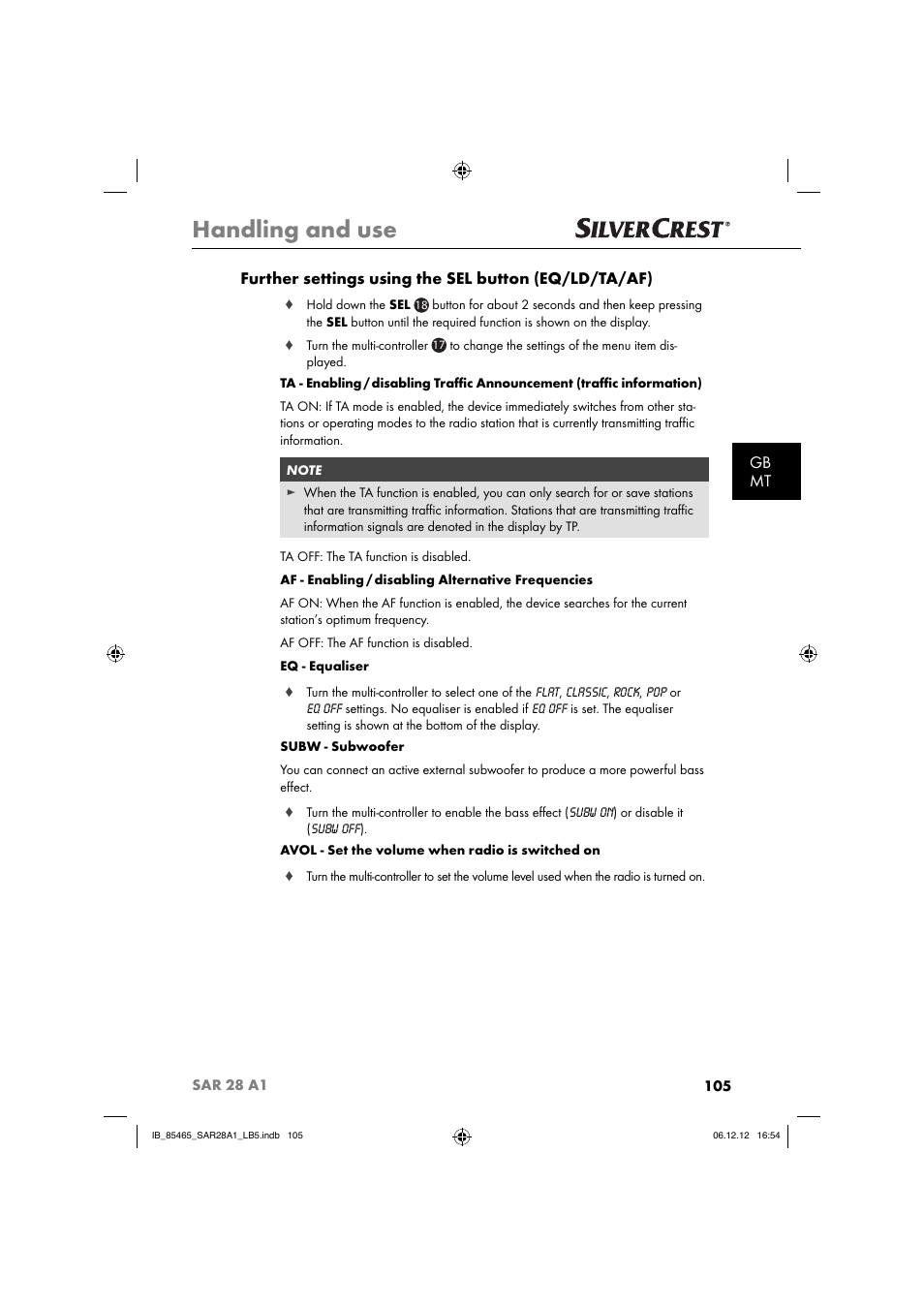 Handling and use | Silvercrest SAR 28 A1 User Manual | Page 109 / 155