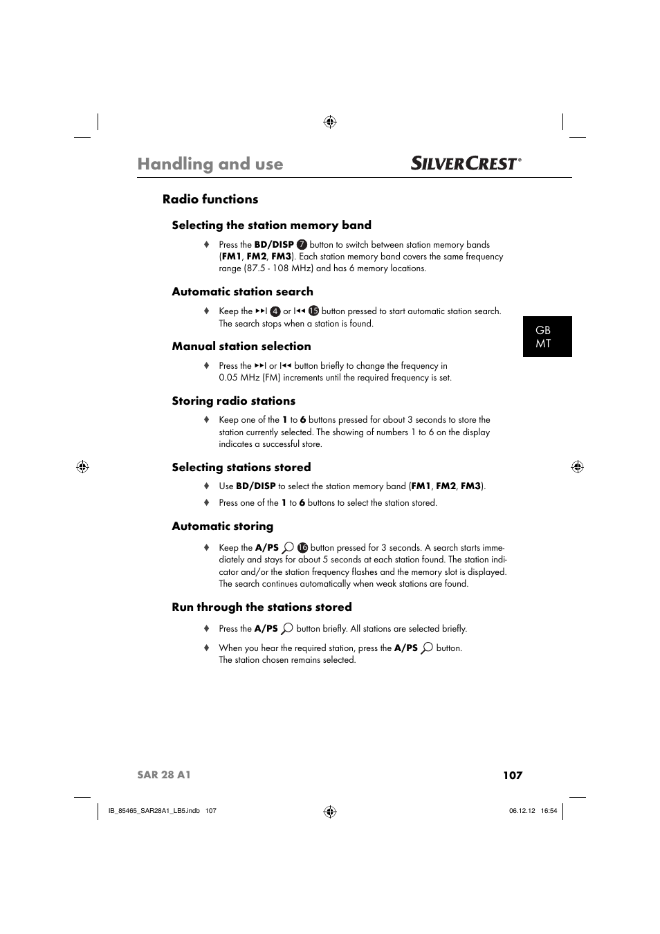 Handling and use, Radio functions, Gb mt | Automatic station search, Manual station selection, Storing radio stations, Selecting stations stored, Automatic storing, Run through the stations stored | Silvercrest SAR 28 A1 User Manual | Page 111 / 155