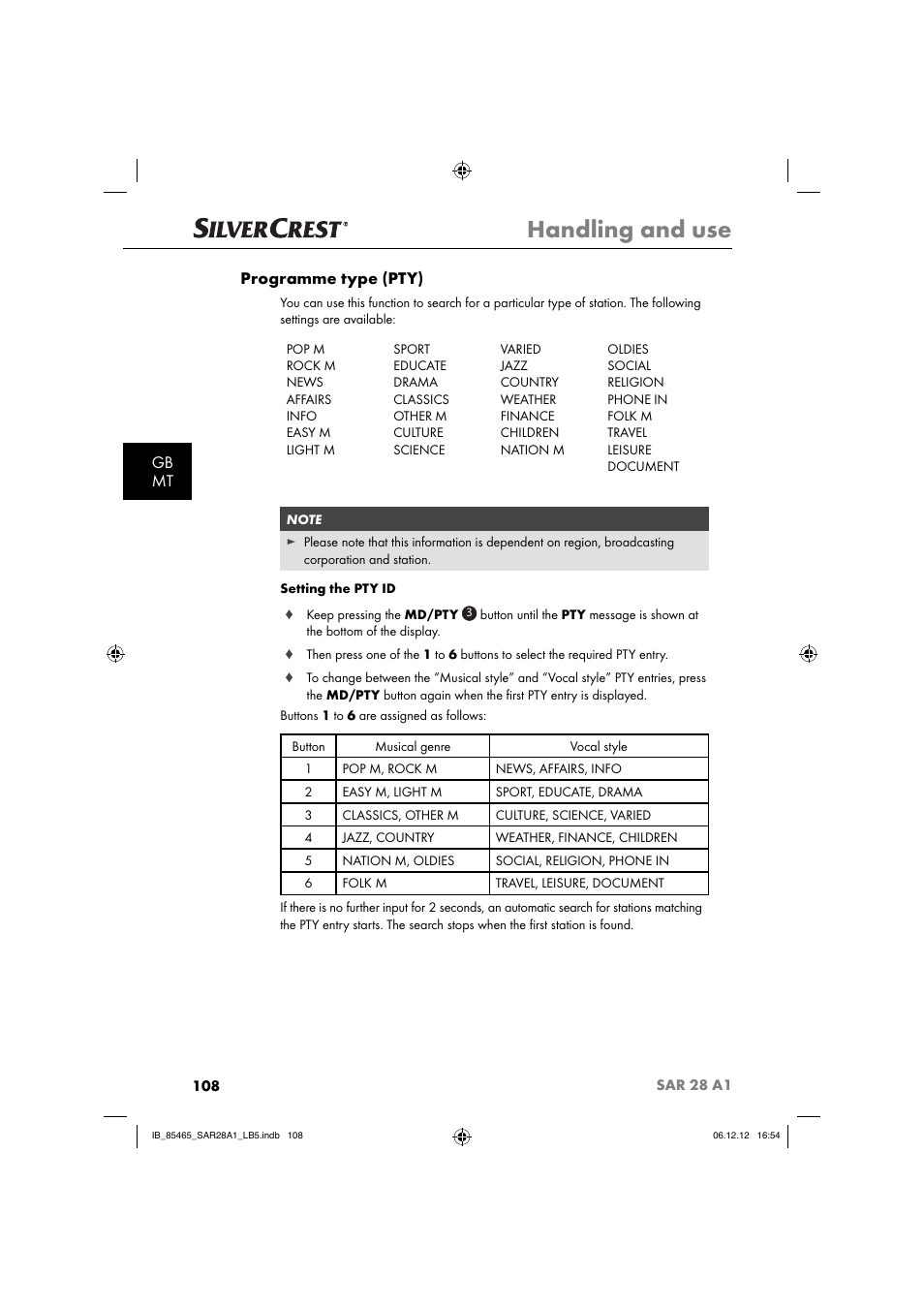 Handling and use, Gb mt programme type (pty) | Silvercrest SAR 28 A1 User Manual | Page 112 / 155