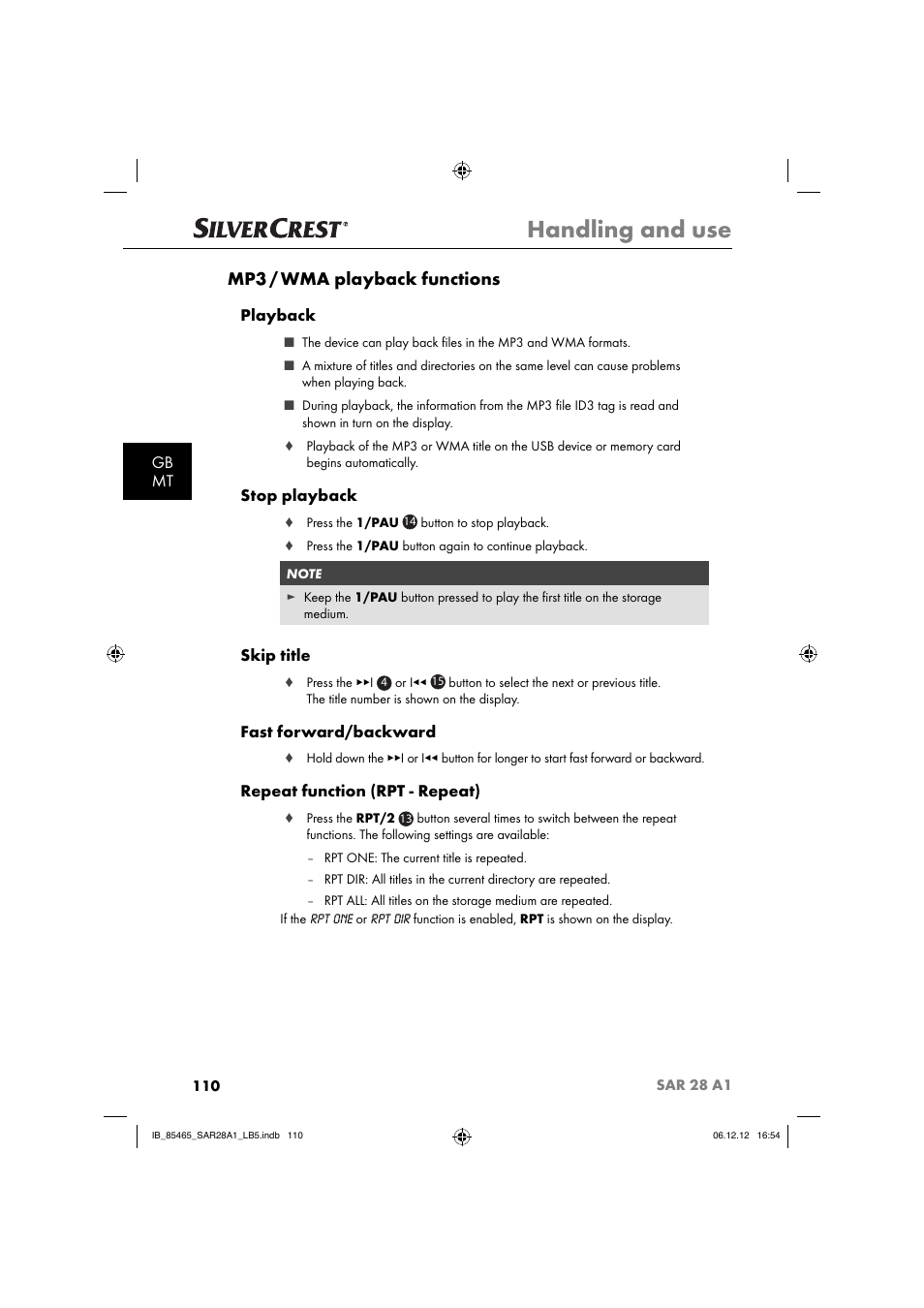 Handling and use, Mp3 / wma playback functions, Gb mt | Playback, Stop playback, Skip title, Fast forward/backward, Repeat function (rpt - repeat) | Silvercrest SAR 28 A1 User Manual | Page 114 / 155