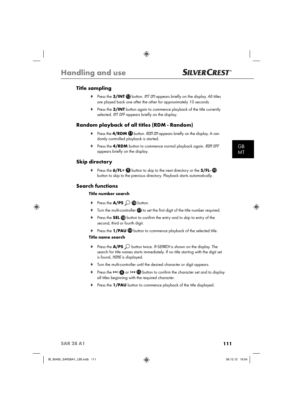 Handling and use, Gb mt title sampling, Random playback of all titles (rdm - random) | Skip directory, Search functions | Silvercrest SAR 28 A1 User Manual | Page 115 / 155