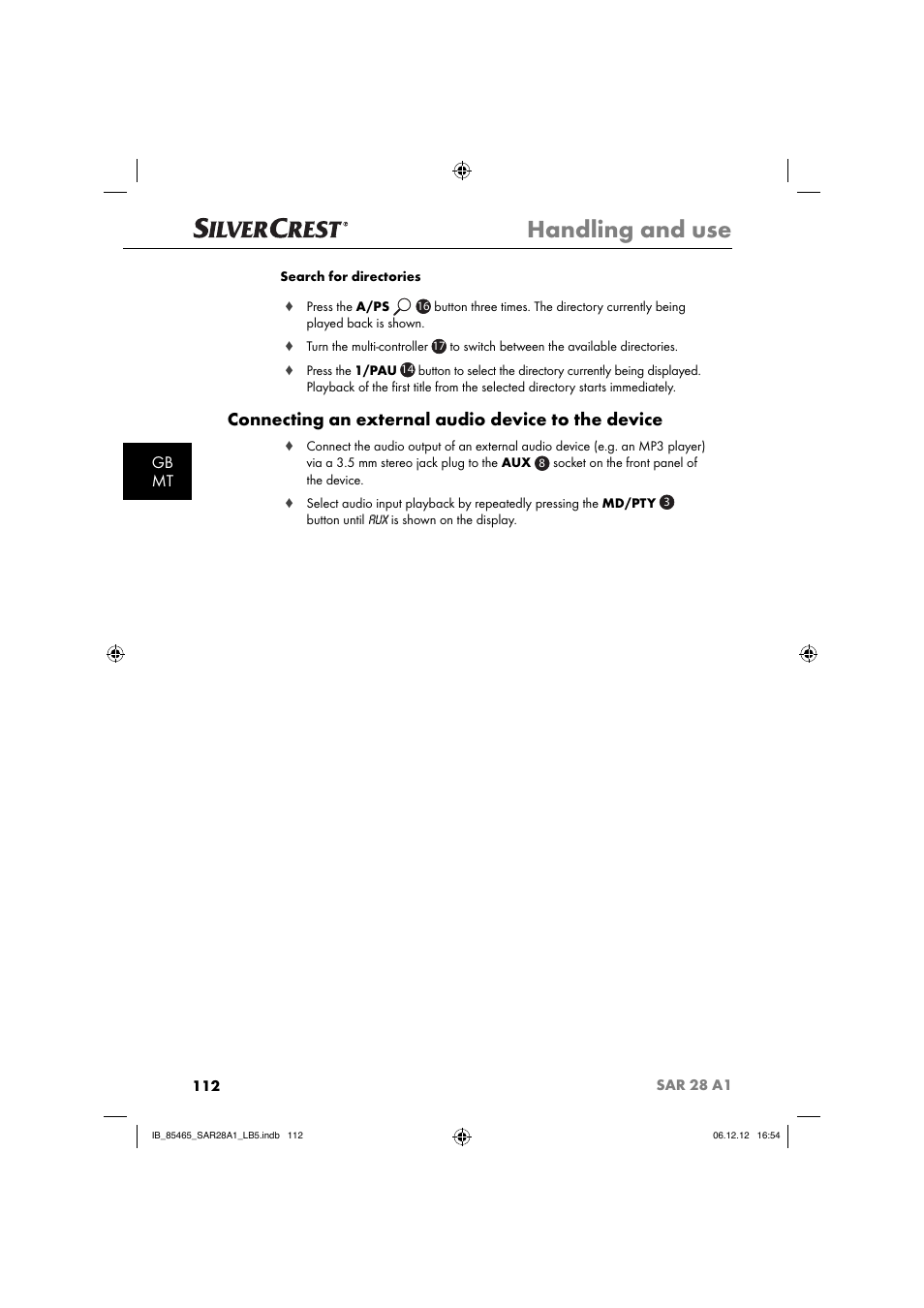 Handling and use, Connecting an external audio device to the device, Gb mt | Silvercrest SAR 28 A1 User Manual | Page 116 / 155