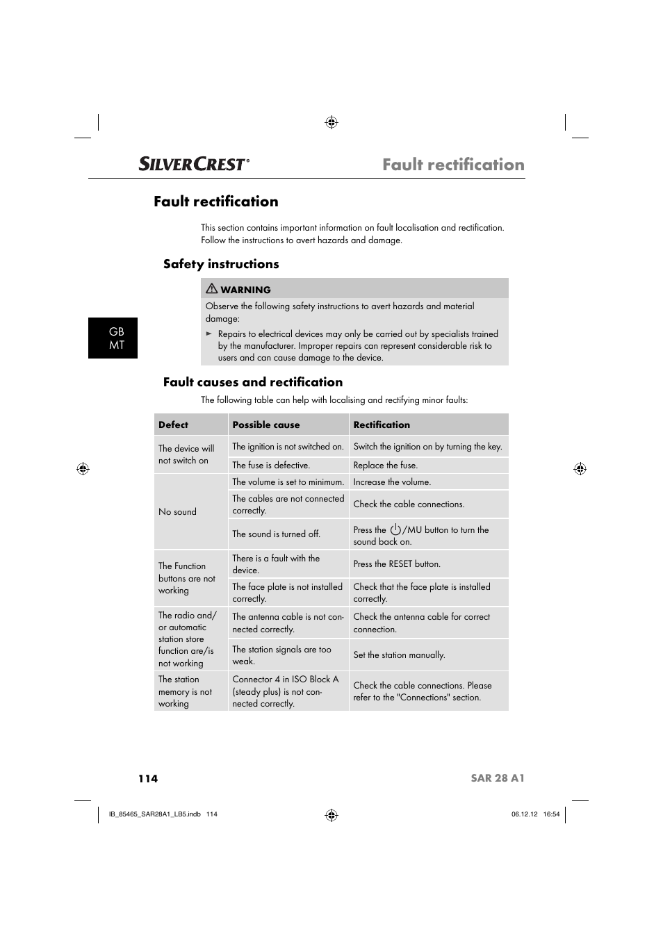 Fault rectiﬁ cation, Safety instructions, Fault causes and rectiﬁ cation | Gb mt | Silvercrest SAR 28 A1 User Manual | Page 118 / 155