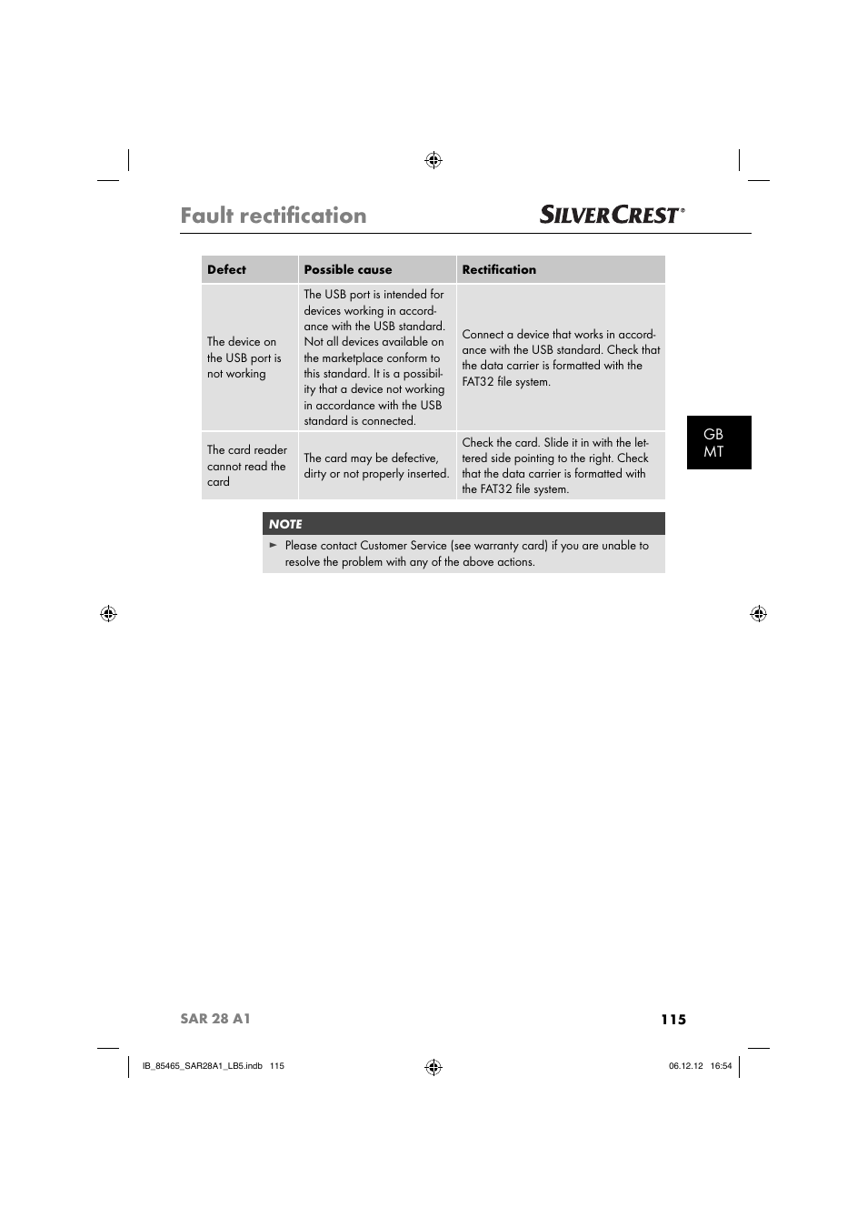 Fault rectiﬁ cation, Gb mt | Silvercrest SAR 28 A1 User Manual | Page 119 / 155