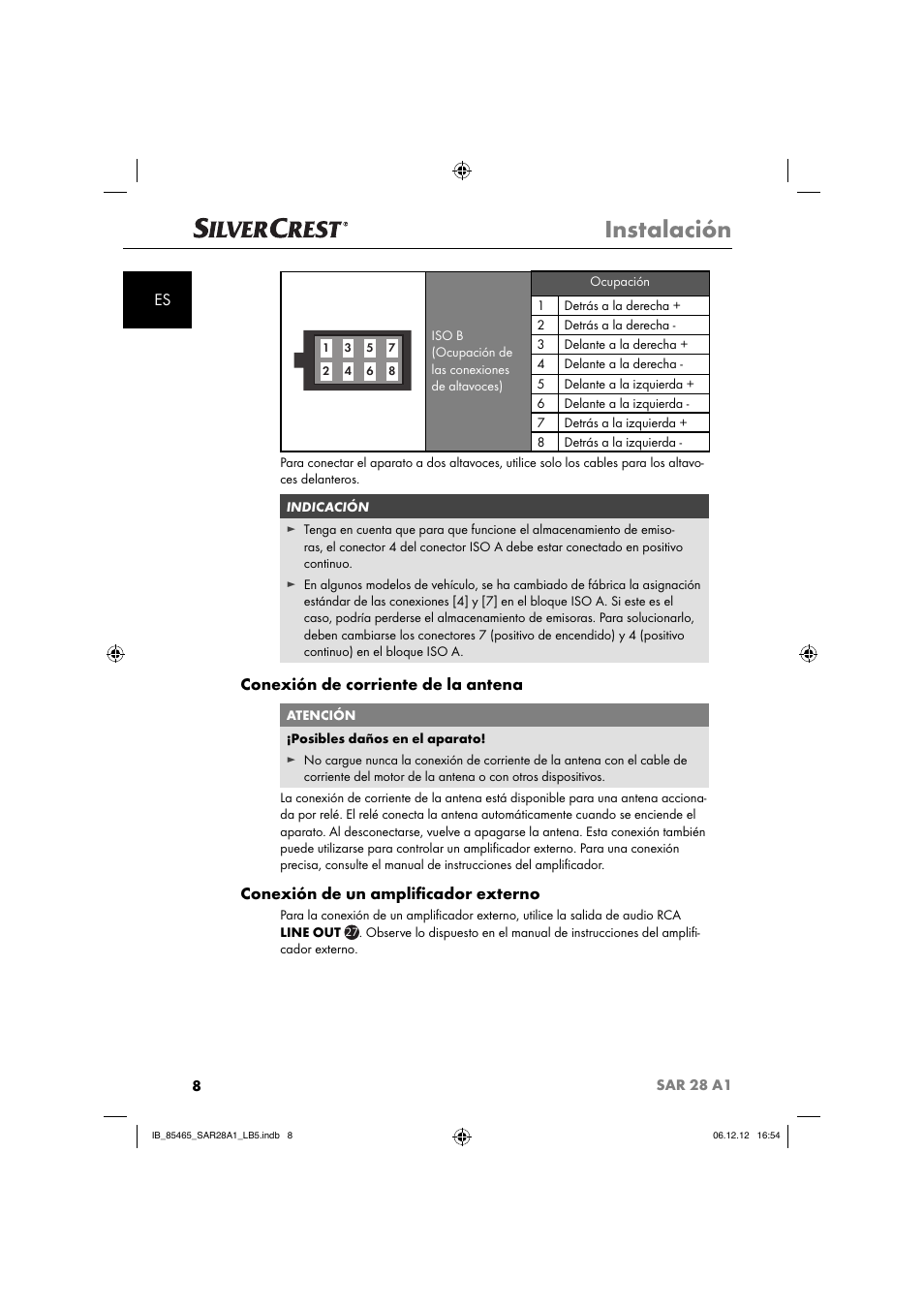 Instalación, Conexión de corriente de la antena, Conexión de un ampliﬁ cador externo | Silvercrest SAR 28 A1 User Manual | Page 12 / 155