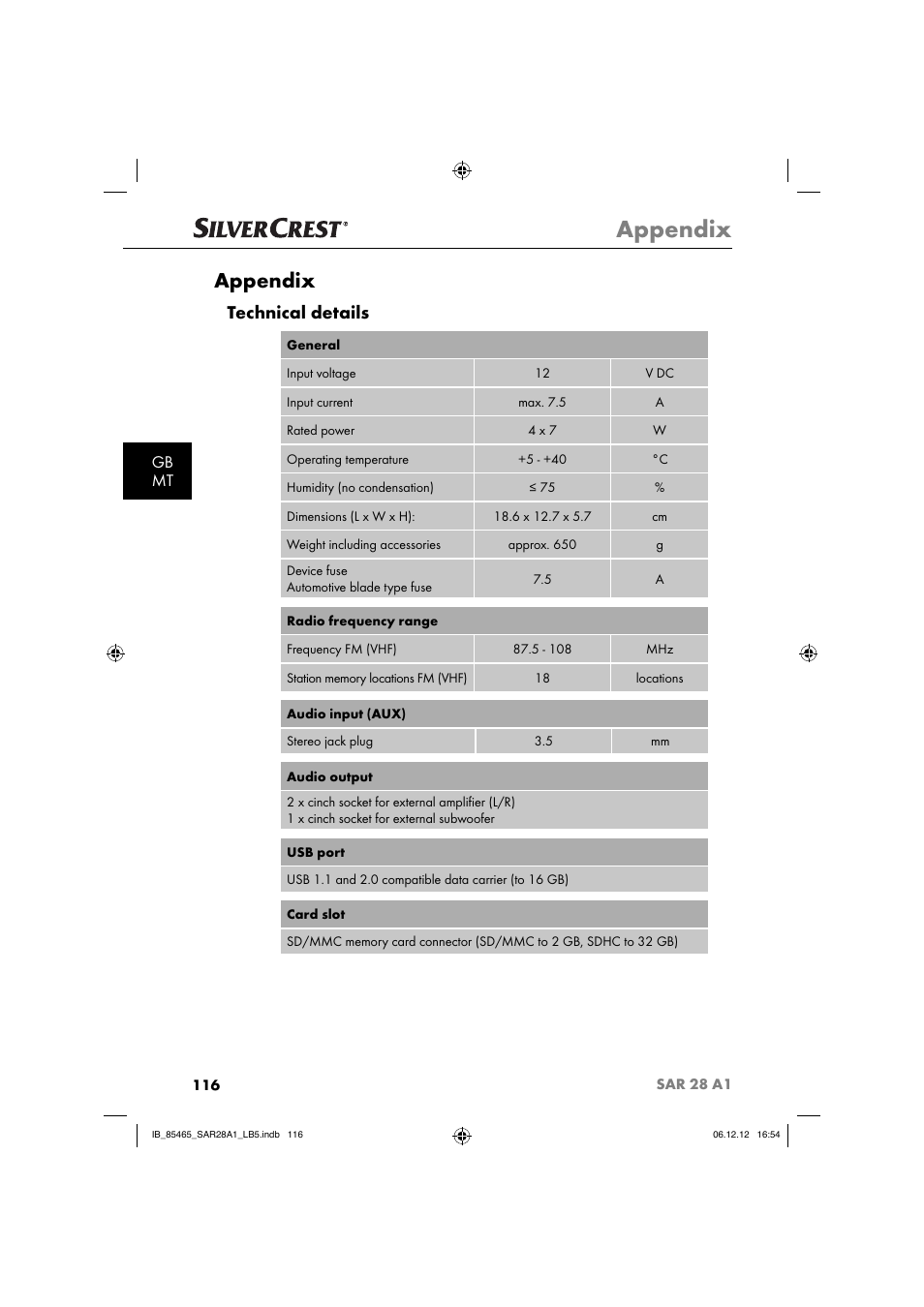 Appendix, Technical details, Gb mt | Silvercrest SAR 28 A1 User Manual | Page 120 / 155