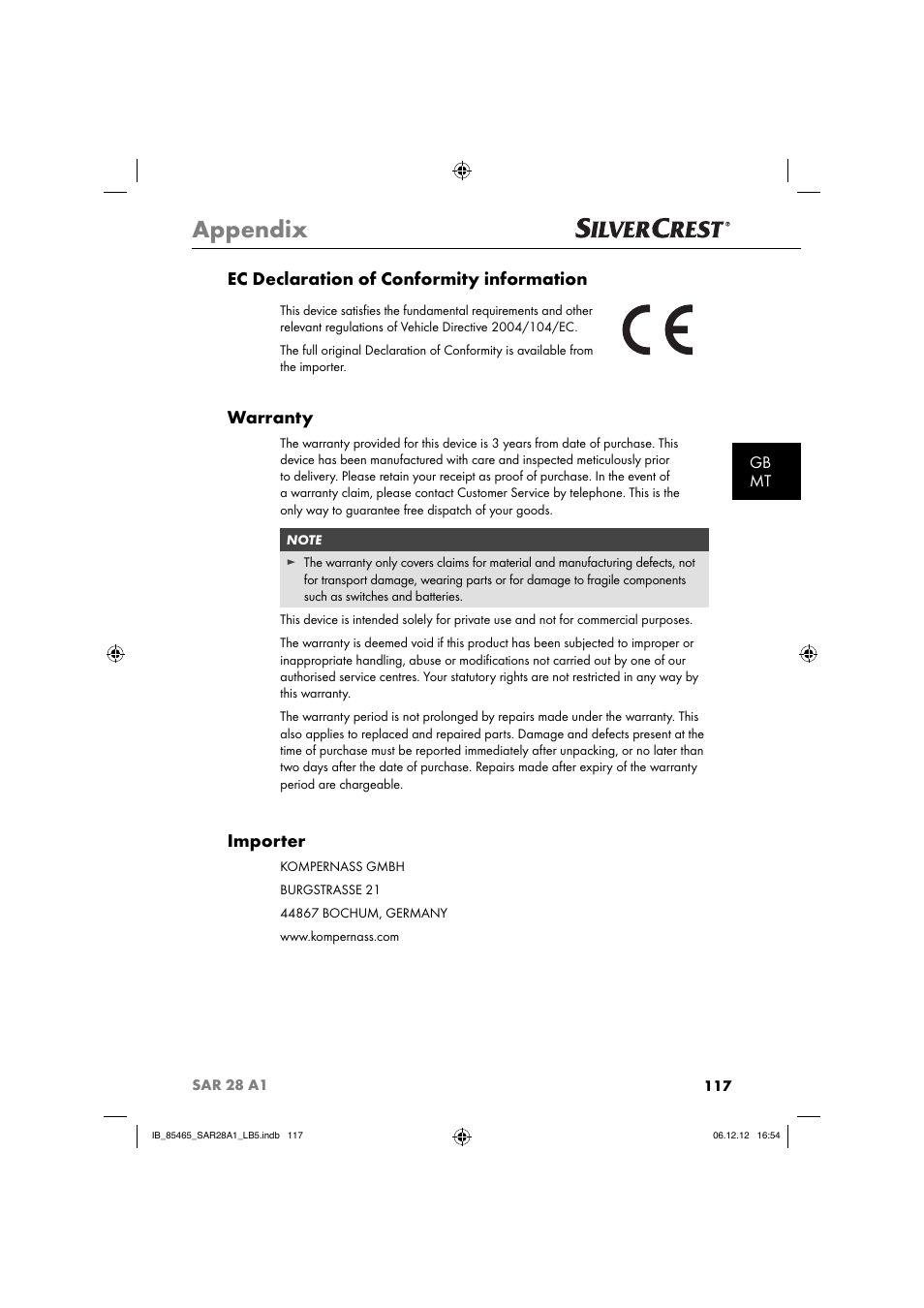 Appendix, Ec declaration of conformity information, Warranty | Importer, Gb mt | Silvercrest SAR 28 A1 User Manual | Page 121 / 155