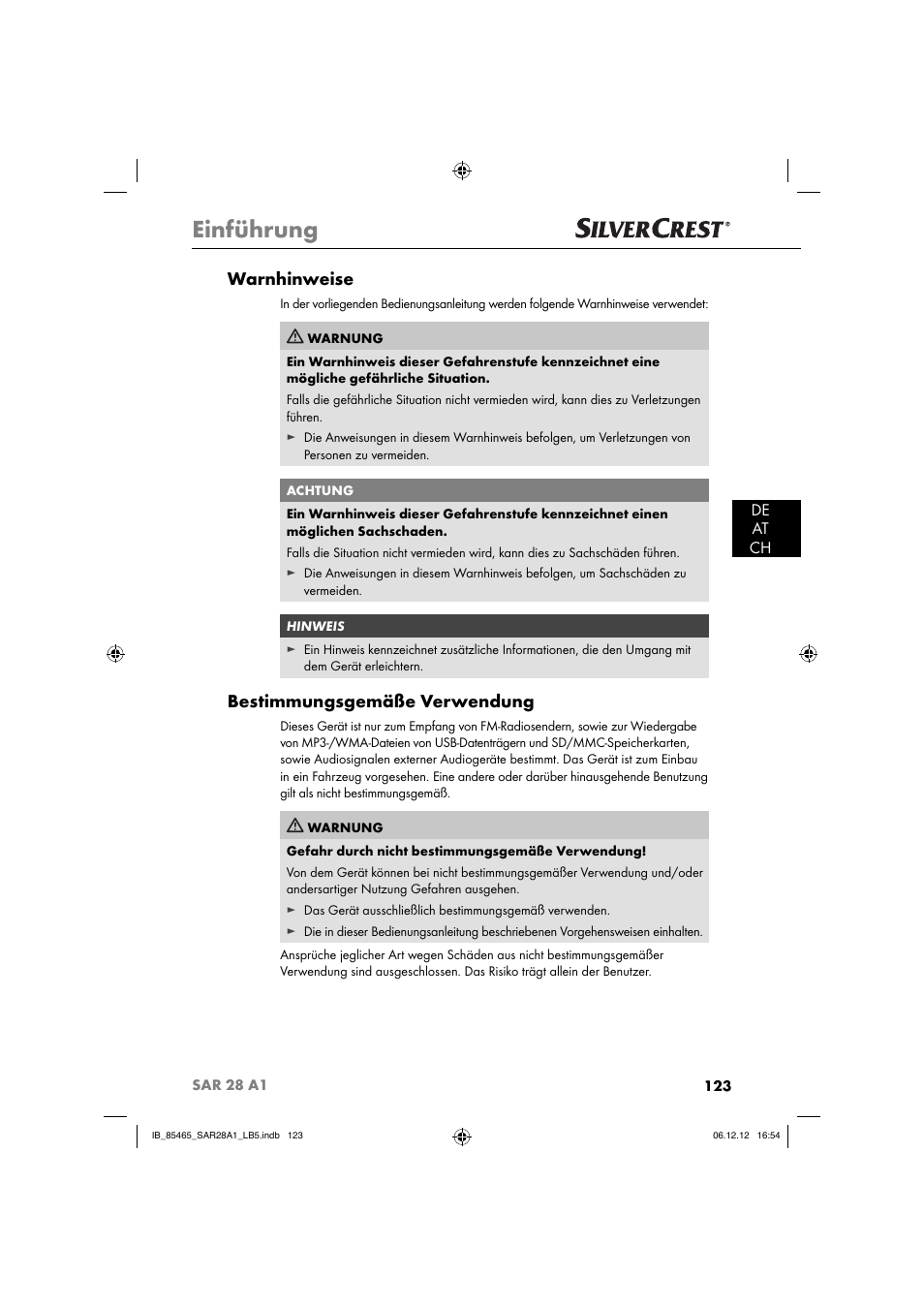 Einführung, Warnhinweise, Bestimmungsgemäße verwendung | De at ch | Silvercrest SAR 28 A1 User Manual | Page 127 / 155