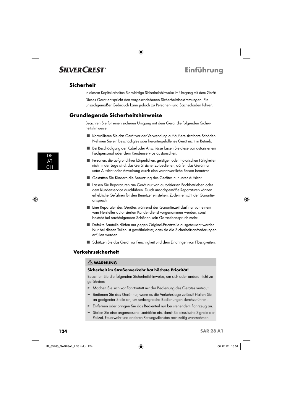 Einführung, Sicherheit, Grundlegende sicherheitshinweise | De at ch, Verkehrssicherheit | Silvercrest SAR 28 A1 User Manual | Page 128 / 155