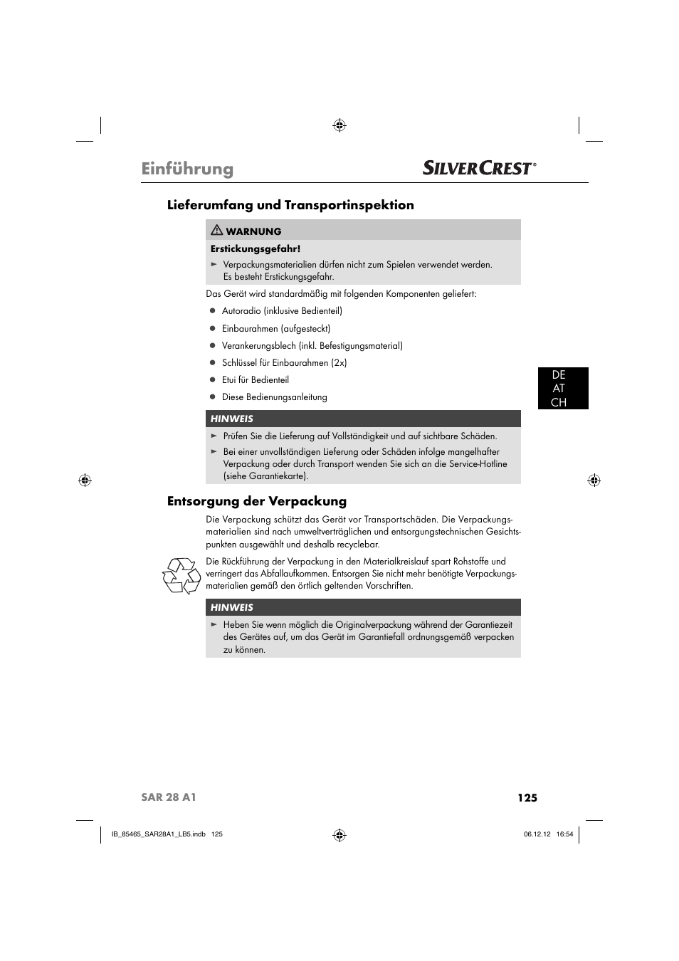 Einführung, Lieferumfang und transportinspektion, Entsorgung der verpackung | De at ch | Silvercrest SAR 28 A1 User Manual | Page 129 / 155