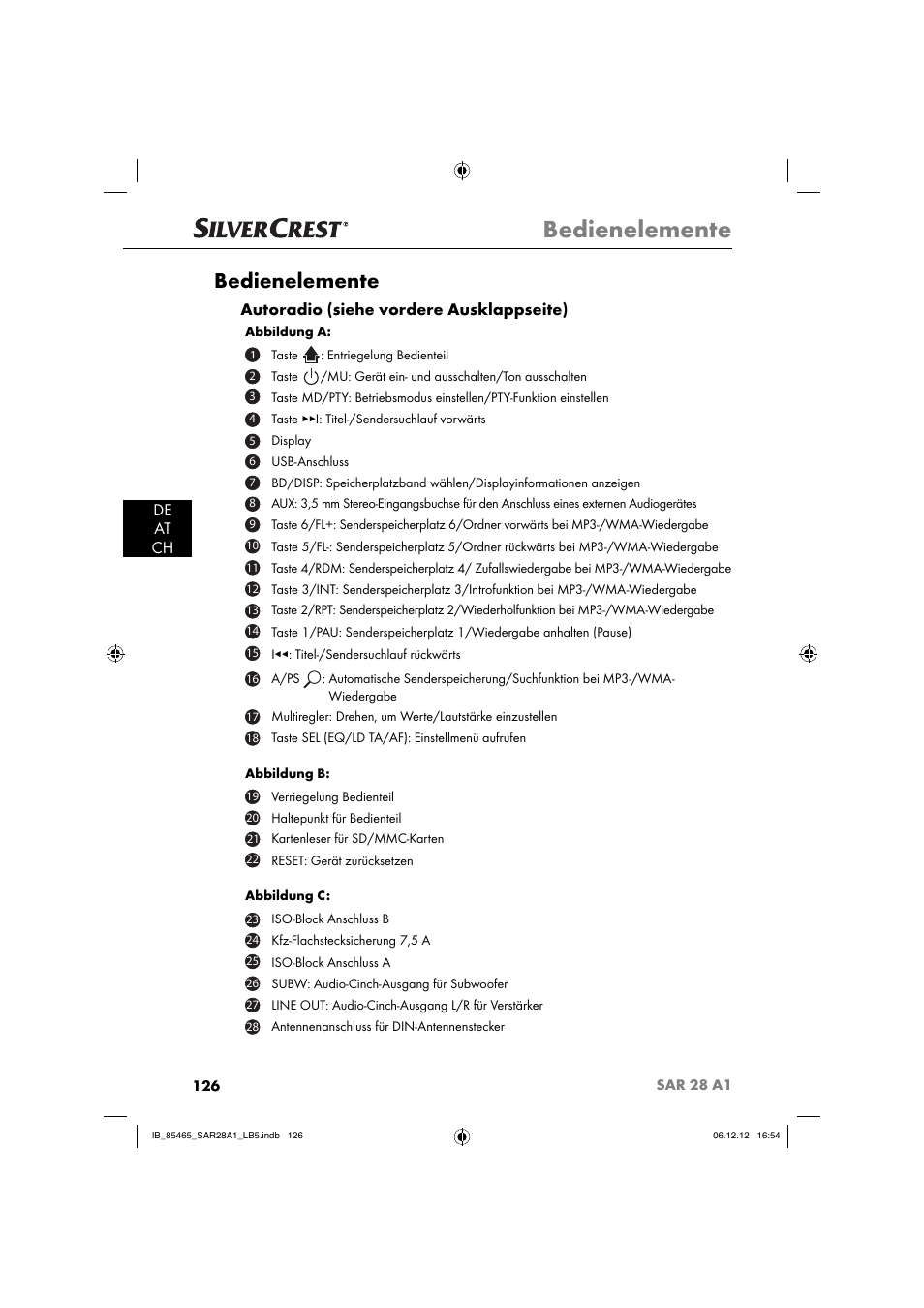 Bedienelemente, De at ch, Autoradio (siehe vordere ausklappseite) | Silvercrest SAR 28 A1 User Manual | Page 130 / 155