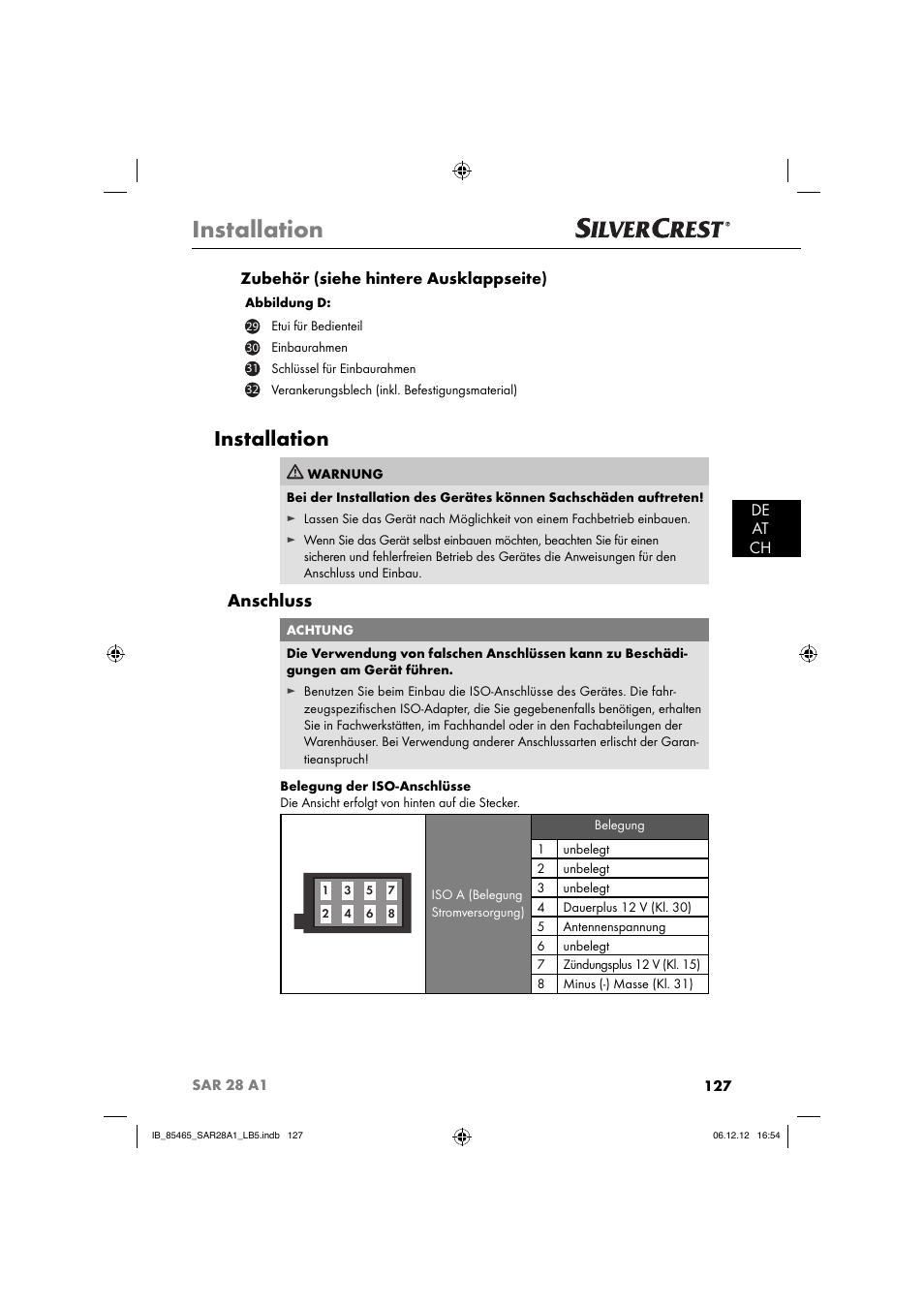 Installation, Anschluss, De at ch zubehör (siehe hintere ausklappseite) | Silvercrest SAR 28 A1 User Manual | Page 131 / 155