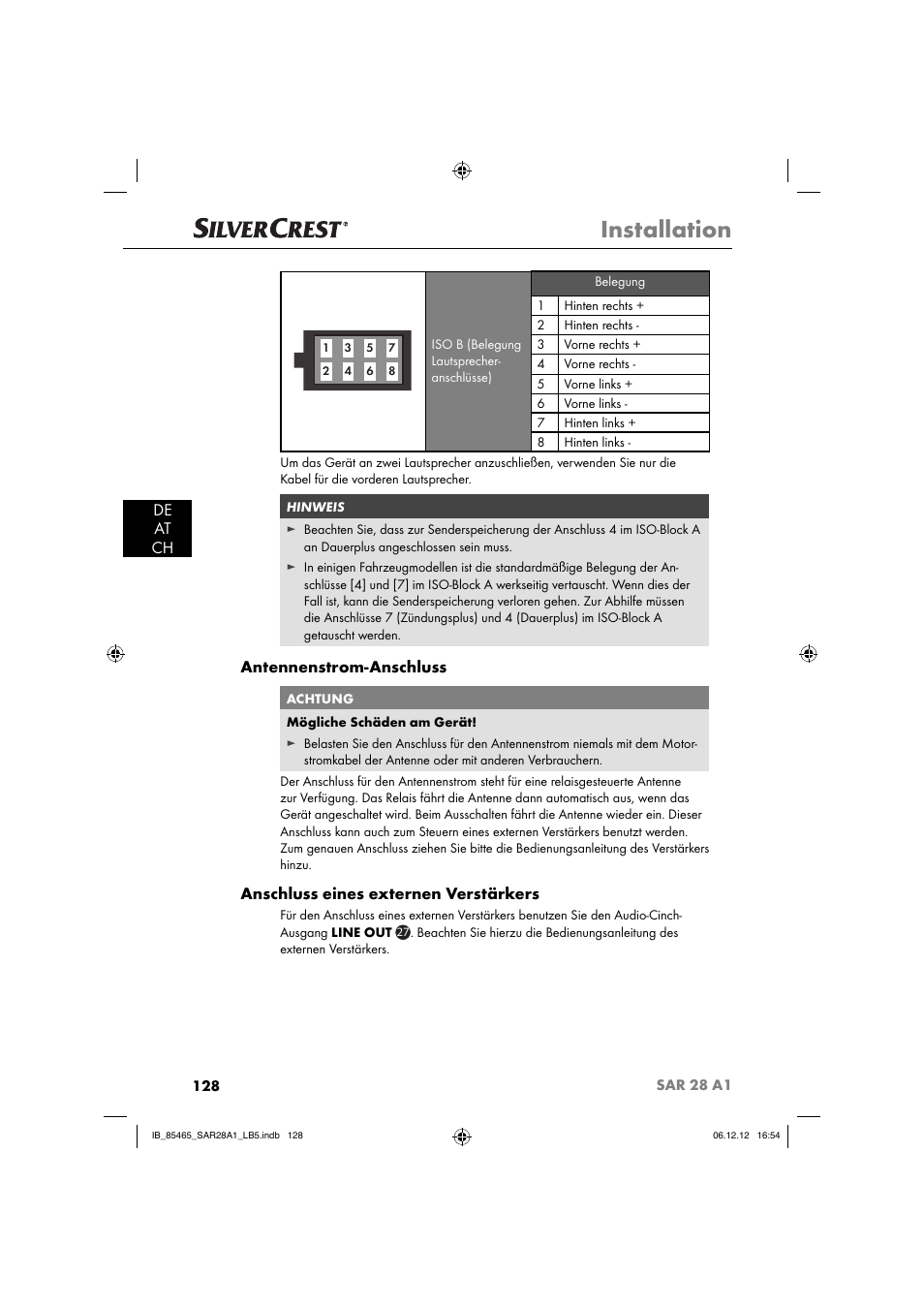 Installation, De at ch, Antennenstrom-anschluss | Anschluss eines externen verstärkers | Silvercrest SAR 28 A1 User Manual | Page 132 / 155