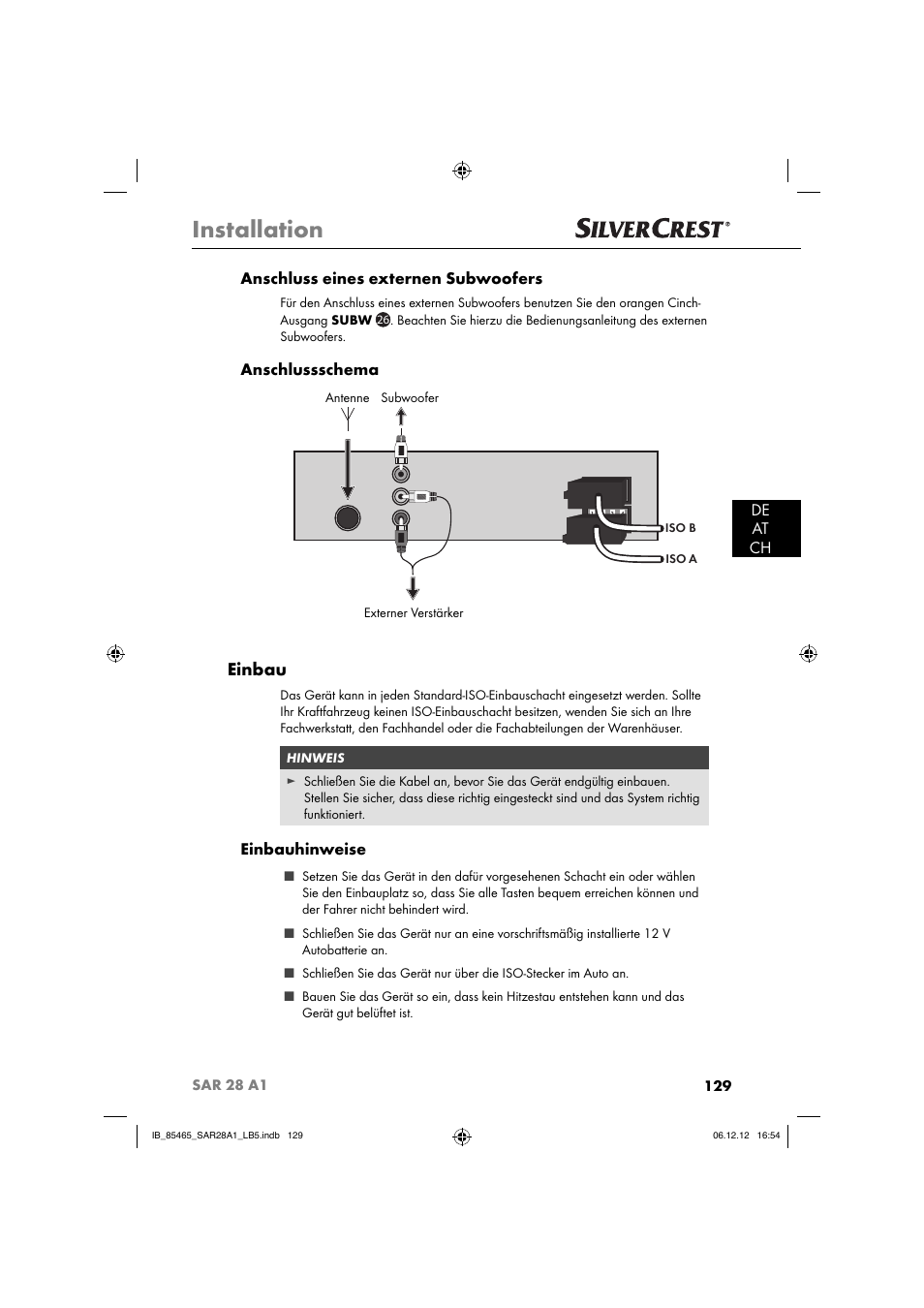 Installation, Einbau, De at ch anschluss eines externen subwoofers | Anschlussschema, Einbauhinweise | Silvercrest SAR 28 A1 User Manual | Page 133 / 155