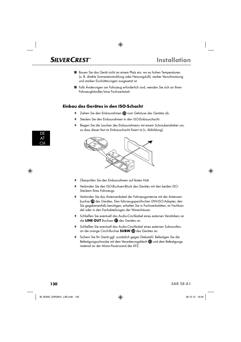 Installation, De at ch, Einbau des gerätes in den iso-schacht | Silvercrest SAR 28 A1 User Manual | Page 134 / 155